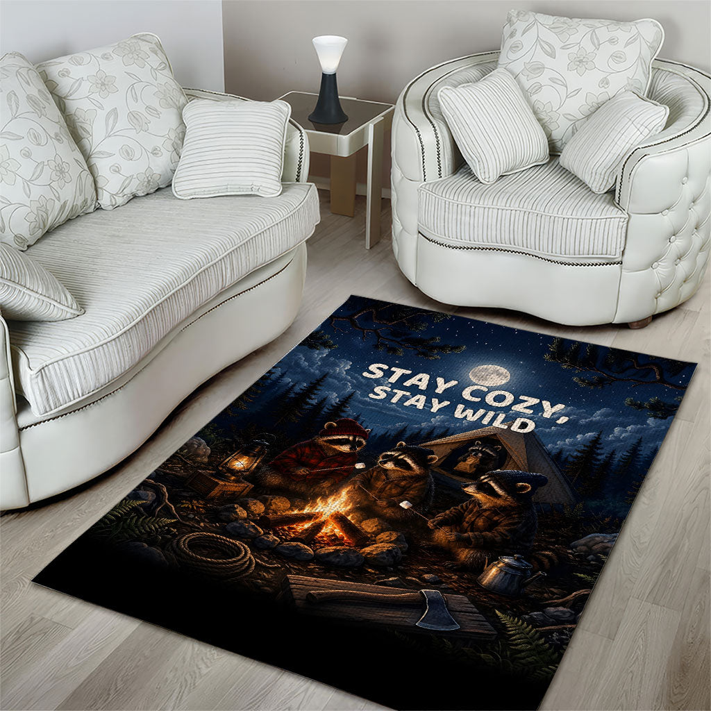 Raccoons Campfire Stay Cozy Stay Wild Area Rug Starry Night Forest Wildlife