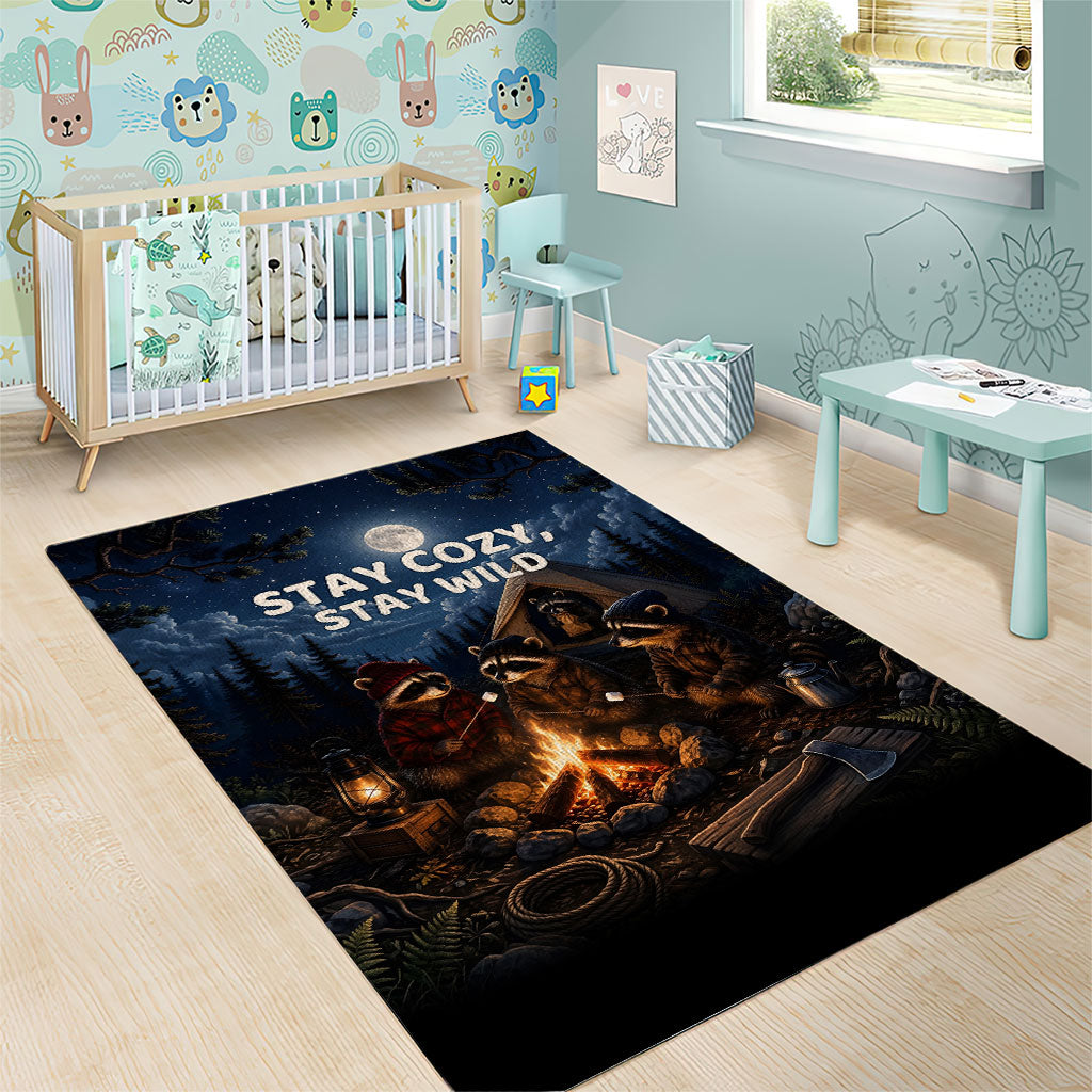 Raccoons Campfire Stay Cozy Stay Wild Area Rug Starry Night Forest Wildlife