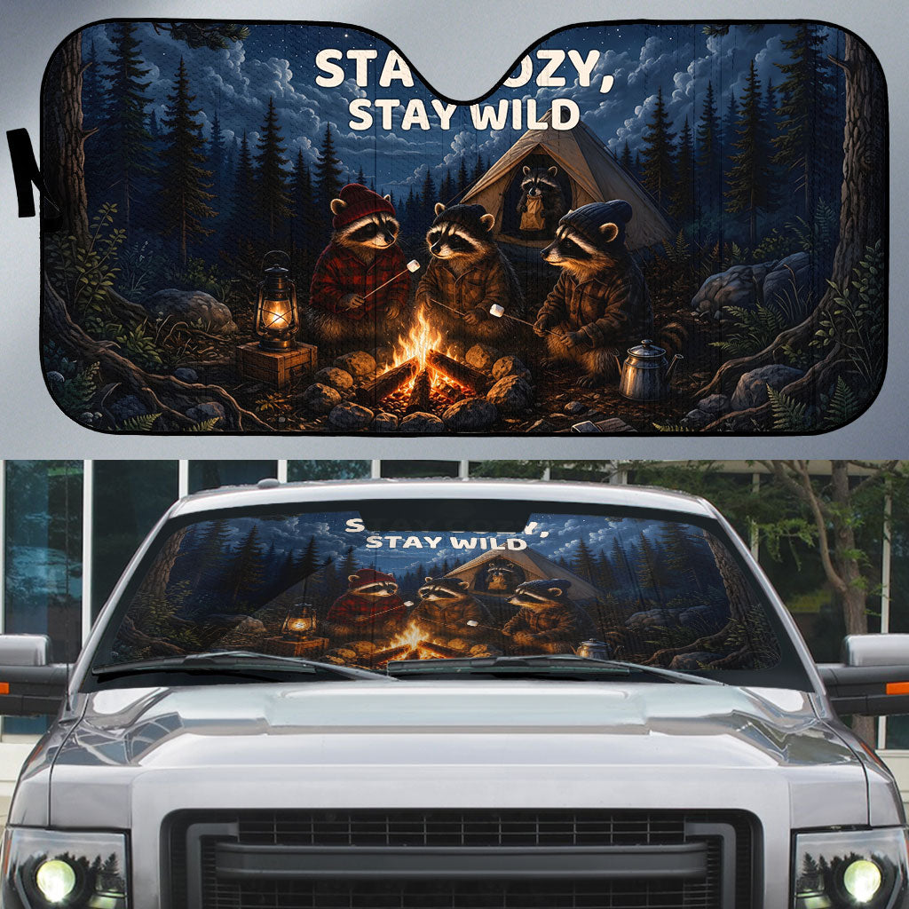 Raccoons Campfire Stay Cozy Stay Wild Auto Sun Shade Starry Night Forest Wildlife