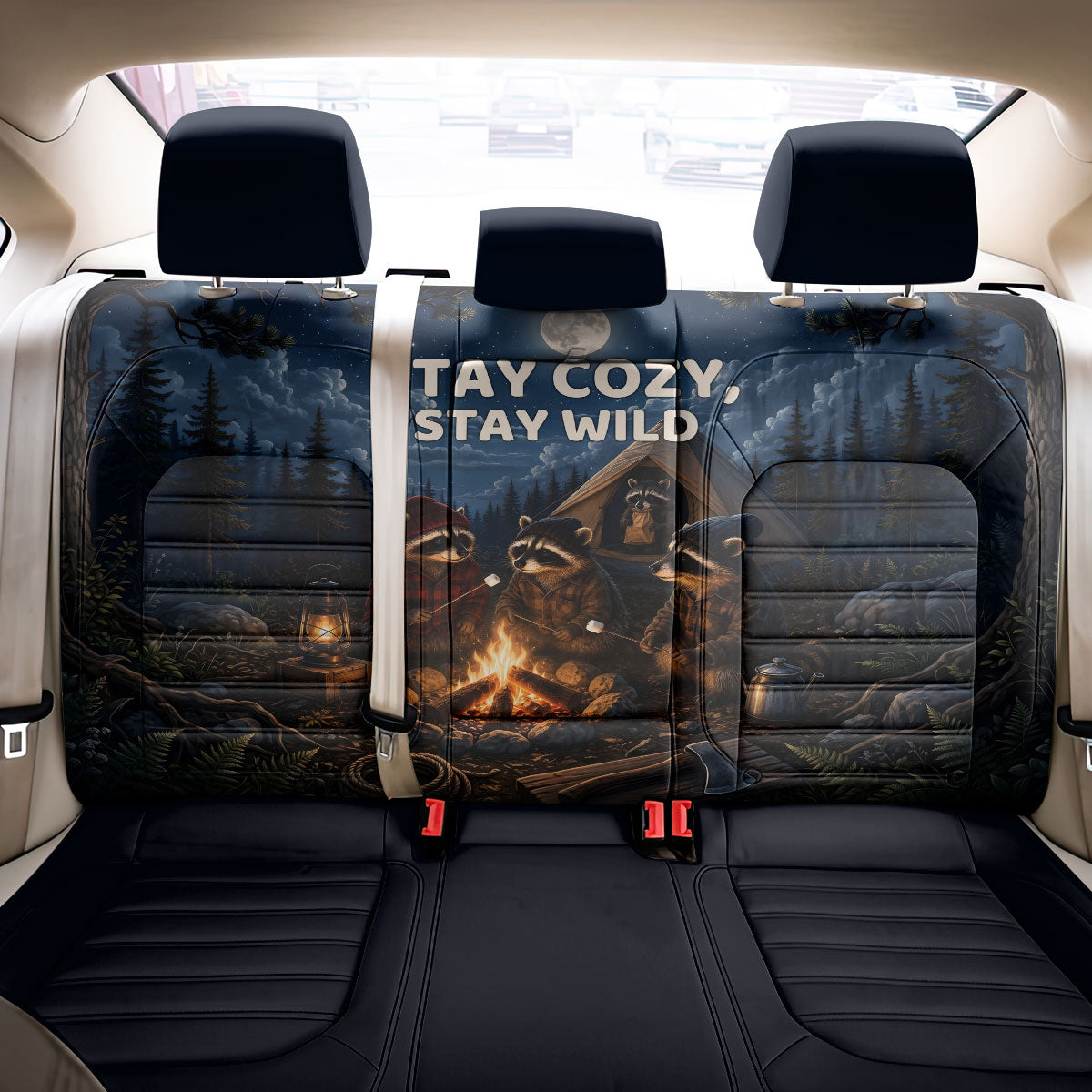 Raccoons Campfire Stay Cozy Stay Wild Back Car Seat Cover Starry Night Forest Wildlife