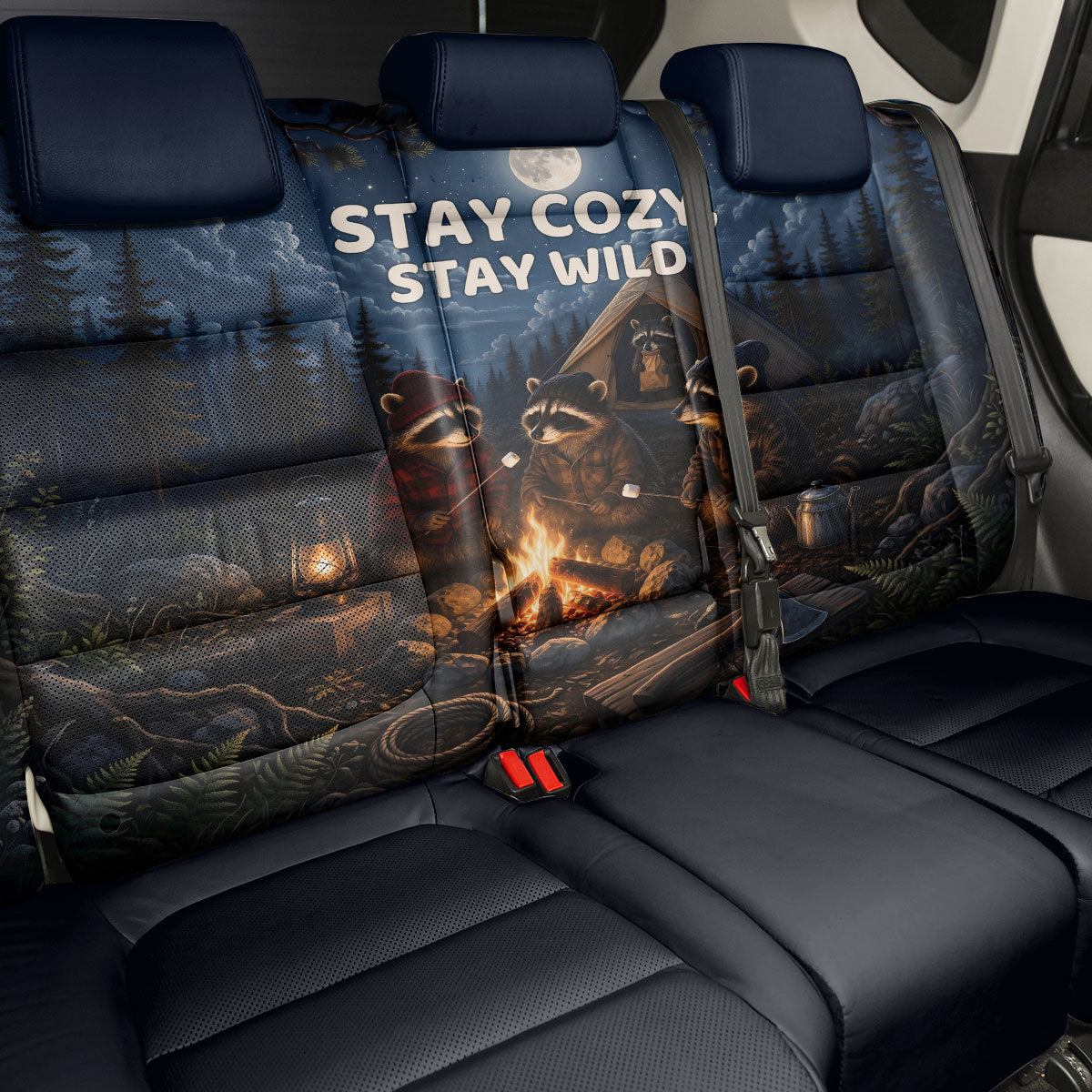 Raccoons Campfire Stay Cozy Stay Wild Back Car Seat Cover Starry Night Forest Wildlife