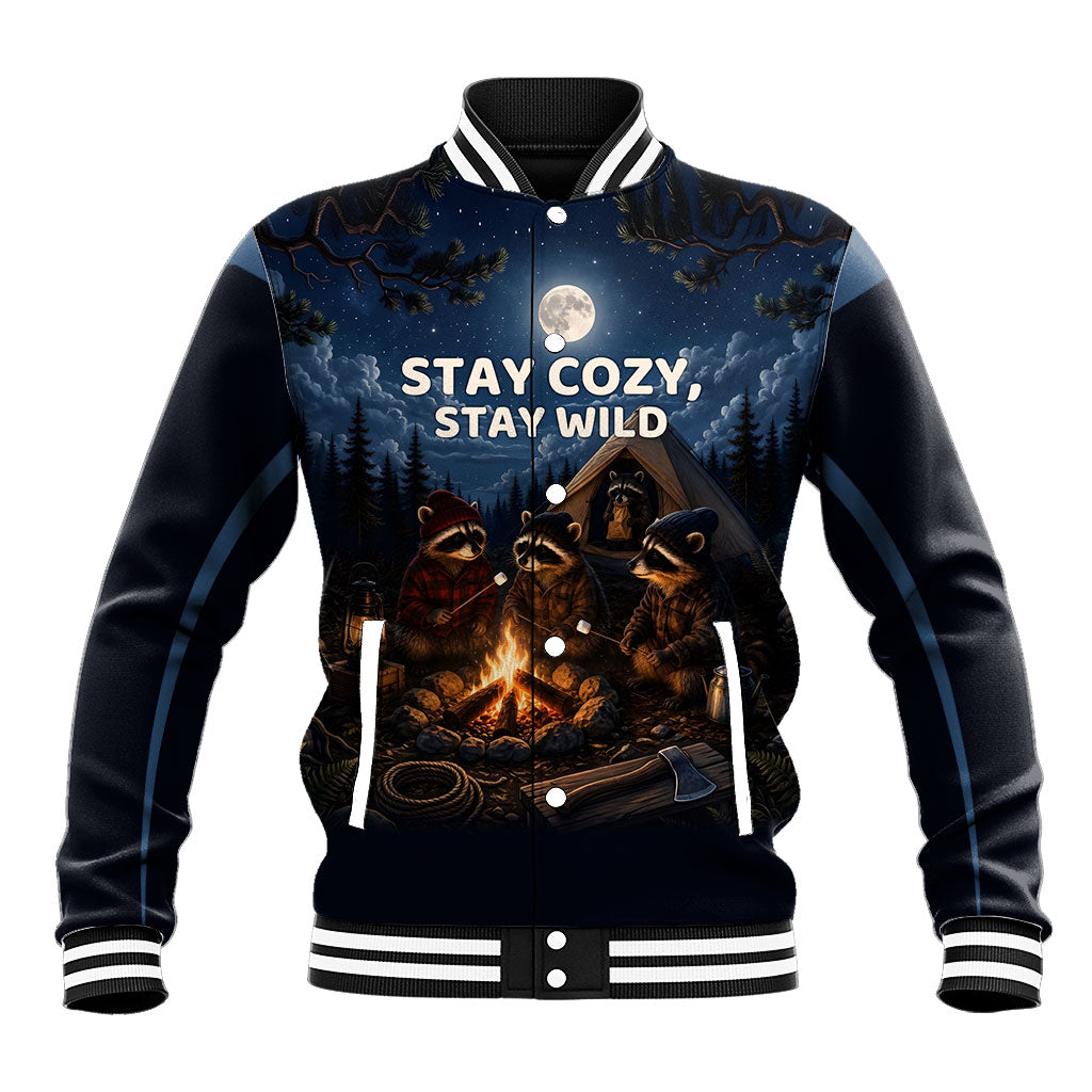 Raccoons Campfire Stay Cozy Stay Wild Baseball Jacket Starry Night Forest Wildlife