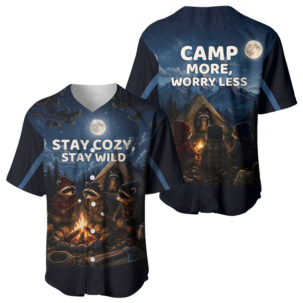 Raccoons Campfire Stay Cozy Stay Wild Baseball Jersey Starry Night Forest Wildlife