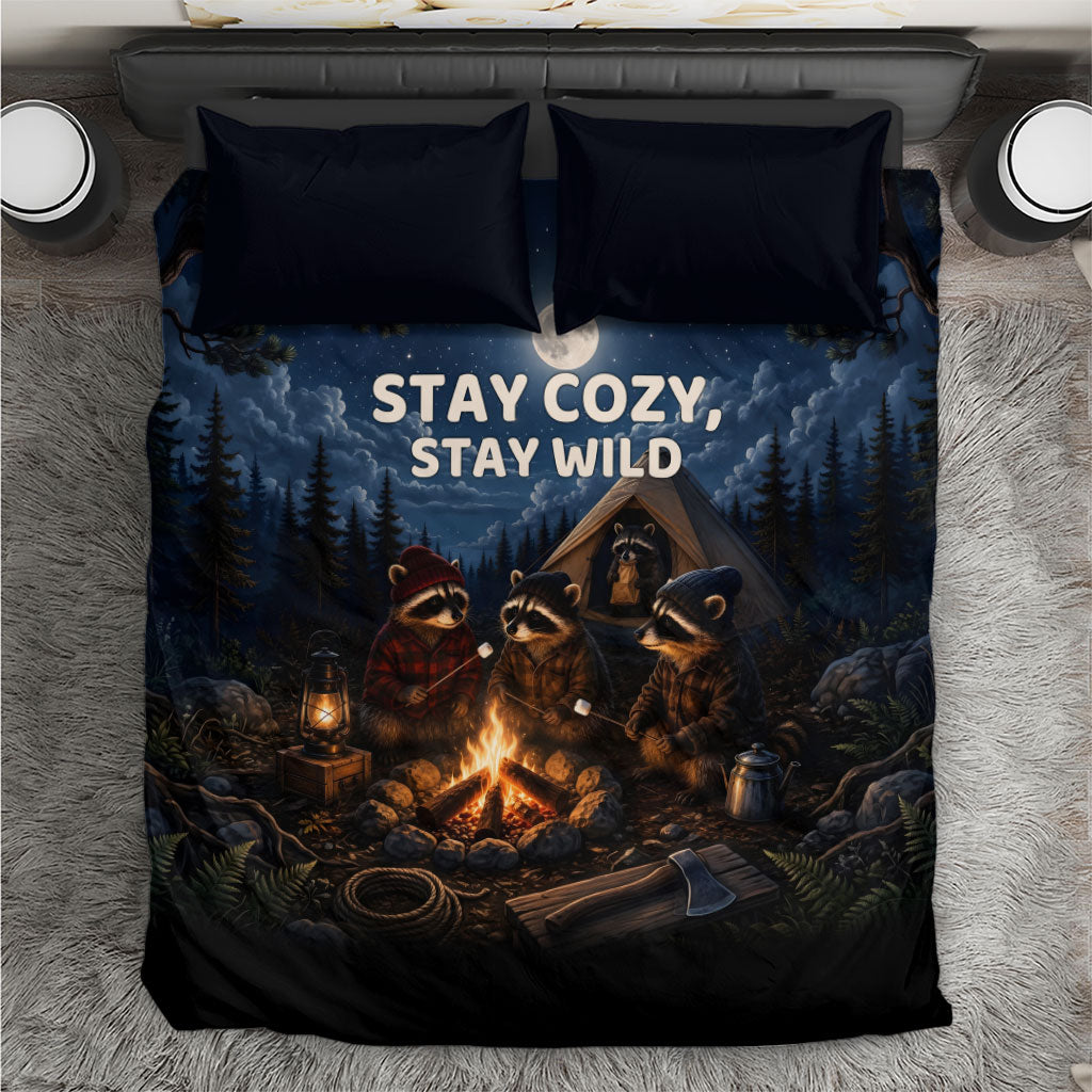 Raccoons Campfire Stay Cozy Stay Wild Bedding Set Starry Night Forest Wildlife
