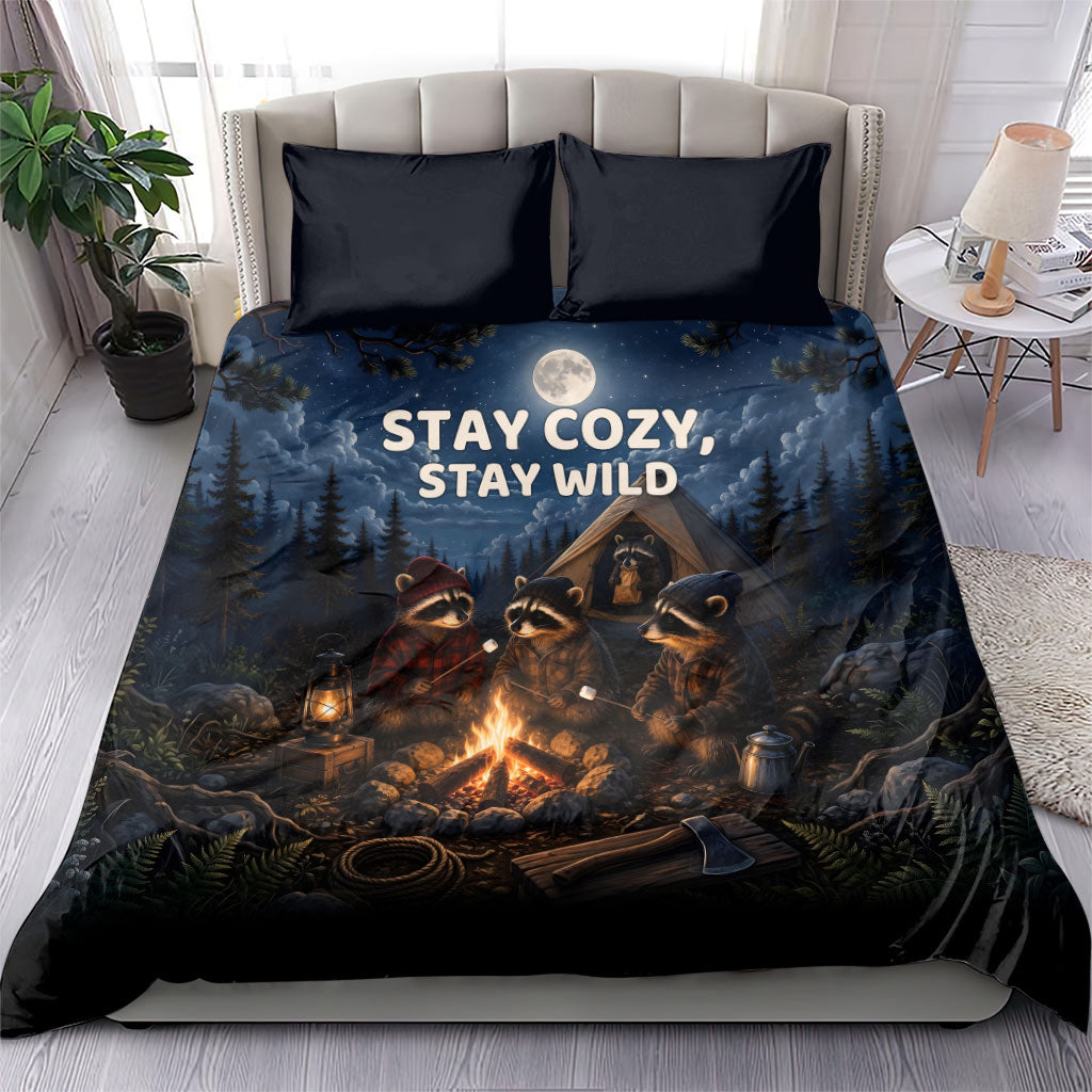 Raccoons Campfire Stay Cozy Stay Wild Bedding Set Starry Night Forest Wildlife