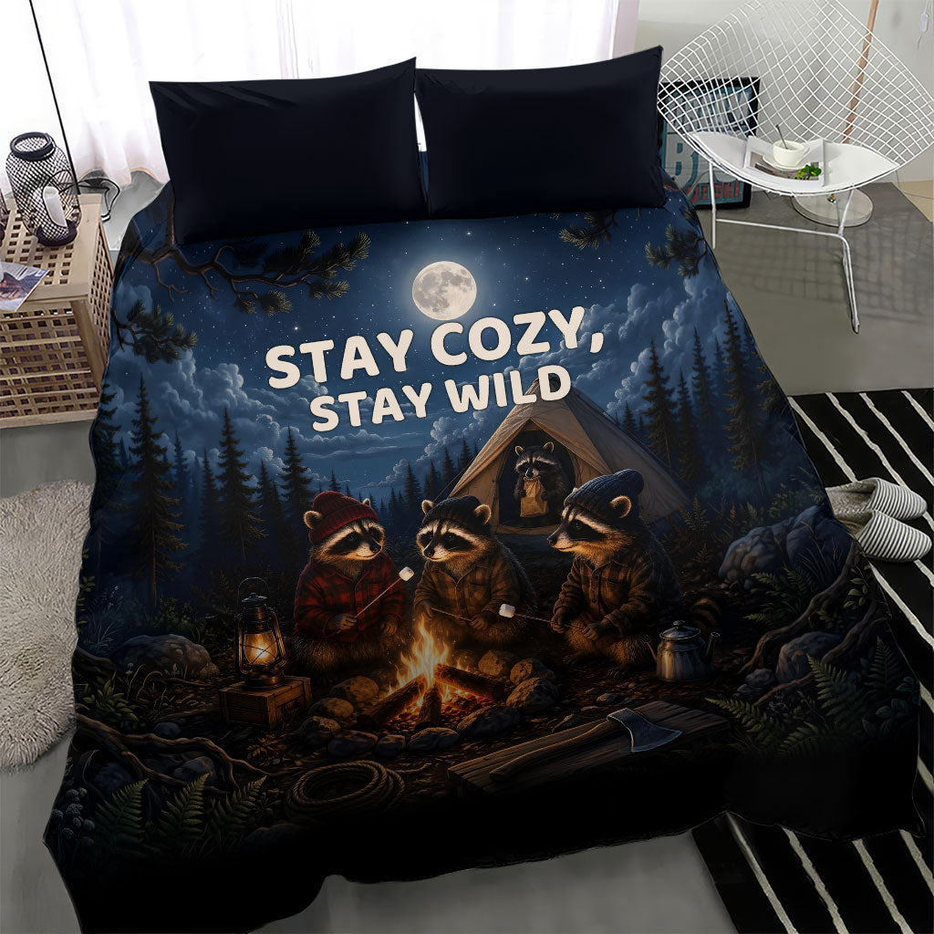 Raccoons Campfire Stay Cozy Stay Wild Bedding Set Starry Night Forest Wildlife