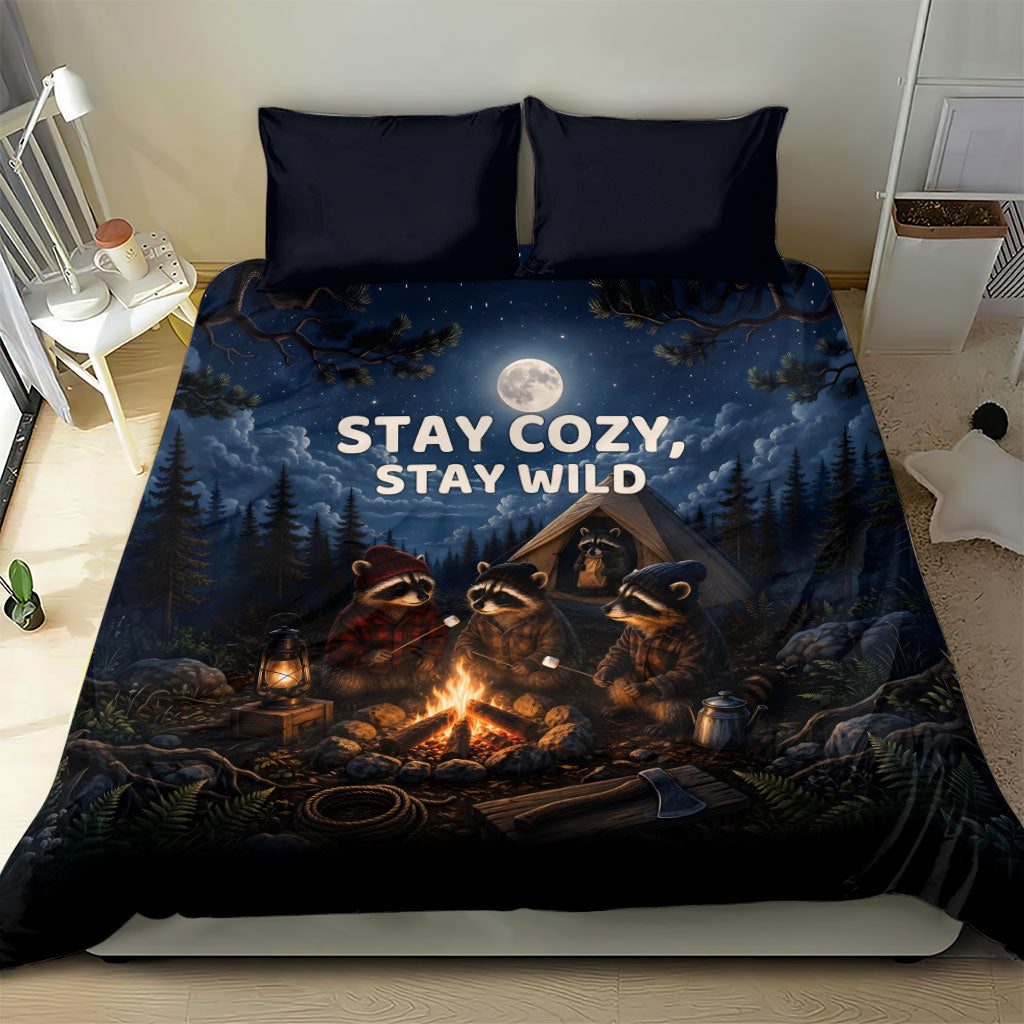 Raccoons Campfire Stay Cozy Stay Wild Bedding Set Starry Night Forest Wildlife