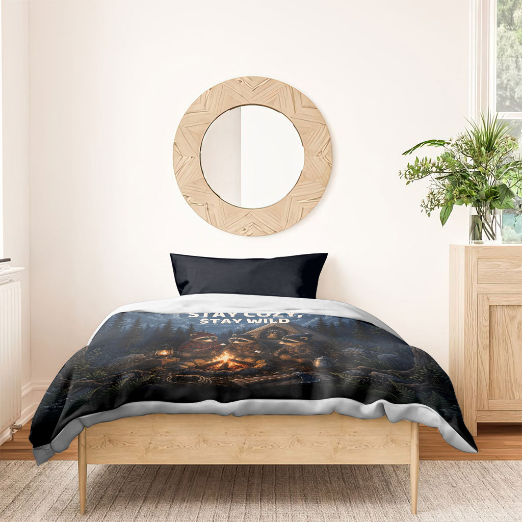 Raccoons Campfire Stay Cozy Stay Wild Bedding Set Starry Night Forest Wildlife