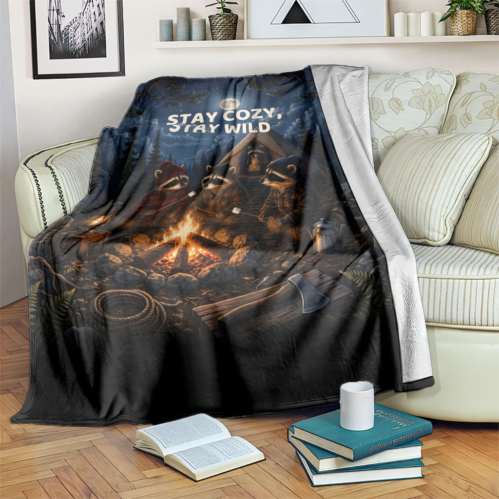 Raccoons Campfire Stay Cozy Stay Wild Blanket Starry Night Forest Wildlife