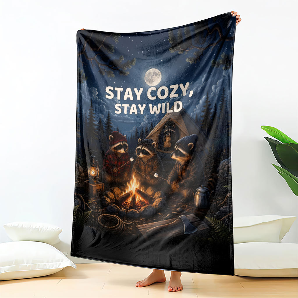 Raccoons Campfire Stay Cozy Stay Wild Blanket Starry Night Forest Wildlife