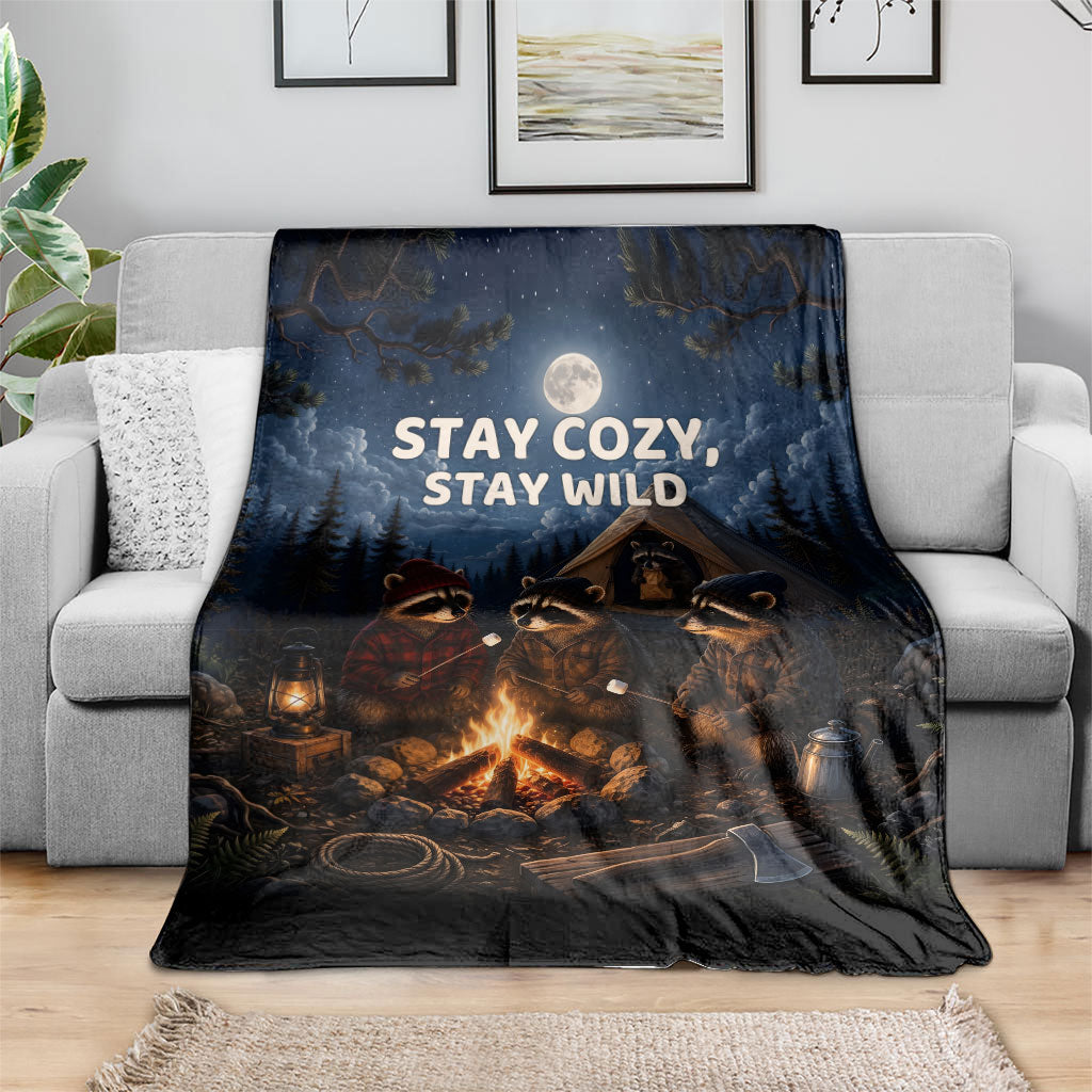 Raccoons Campfire Stay Cozy Stay Wild Blanket Starry Night Forest Wildlife