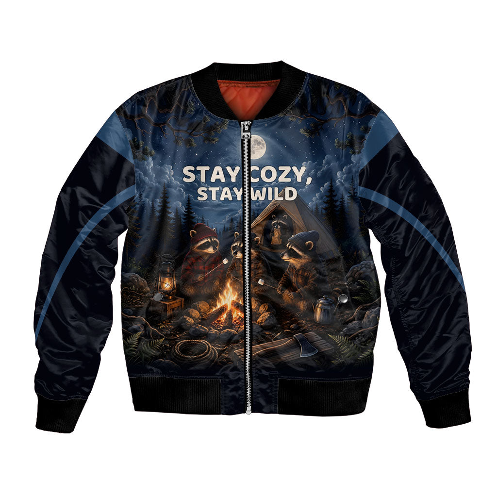 Raccoons Campfire Stay Cozy Stay Wild Bomber Jacket Starry Night Forest Wildlife