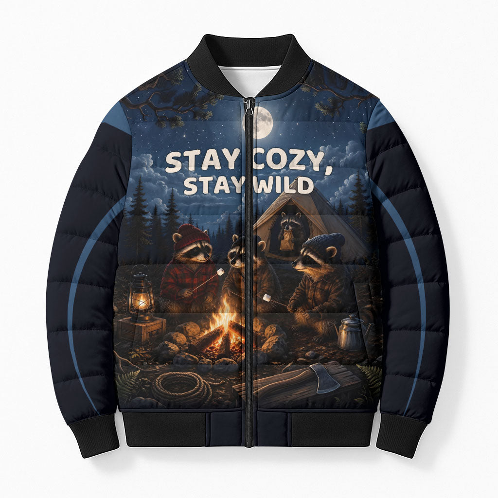 Raccoons Campfire Stay Cozy Stay Wild Bomber Puffer Jacket Starry Night Forest Wildlife