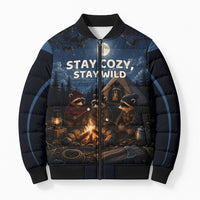 Raccoons Campfire Stay Cozy Stay Wild Bomber Puffer Jacket Starry Night Forest Wildlife