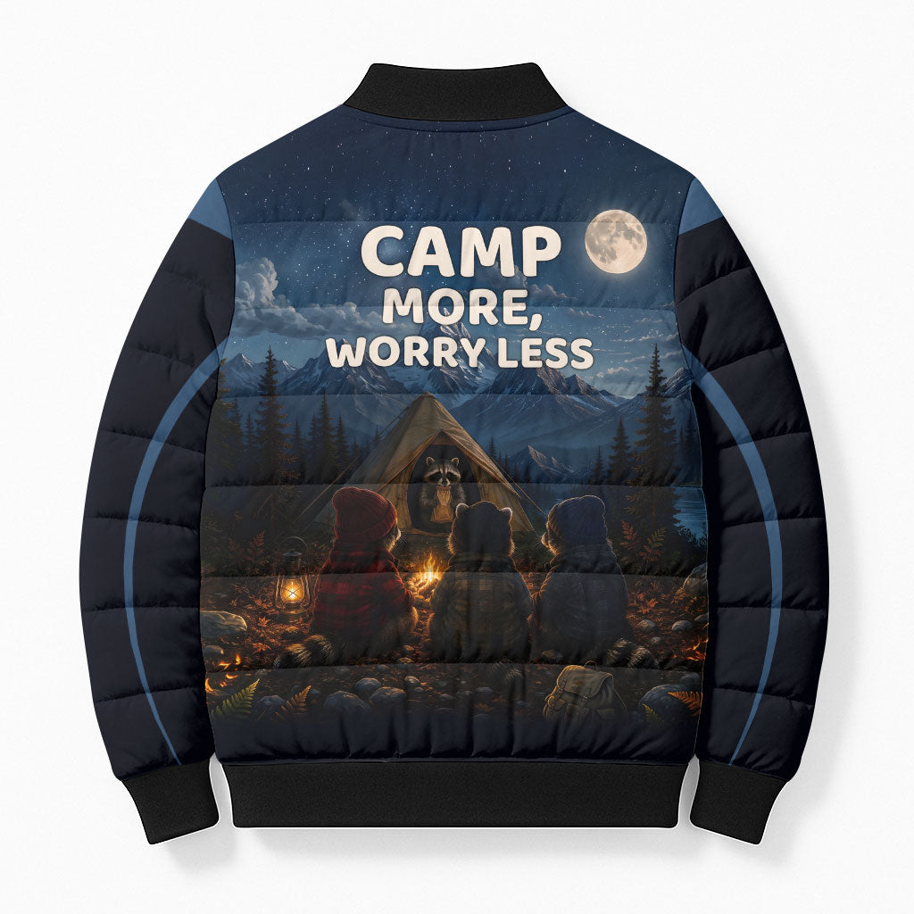 Raccoons Campfire Stay Cozy Stay Wild Bomber Puffer Jacket Starry Night Forest Wildlife