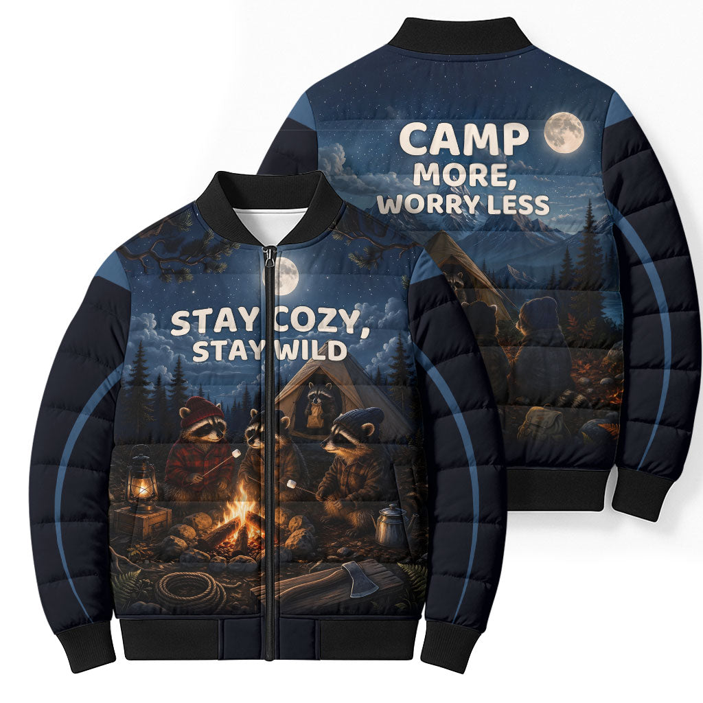 Raccoons Campfire Stay Cozy Stay Wild Bomber Puffer Jacket Starry Night Forest Wildlife