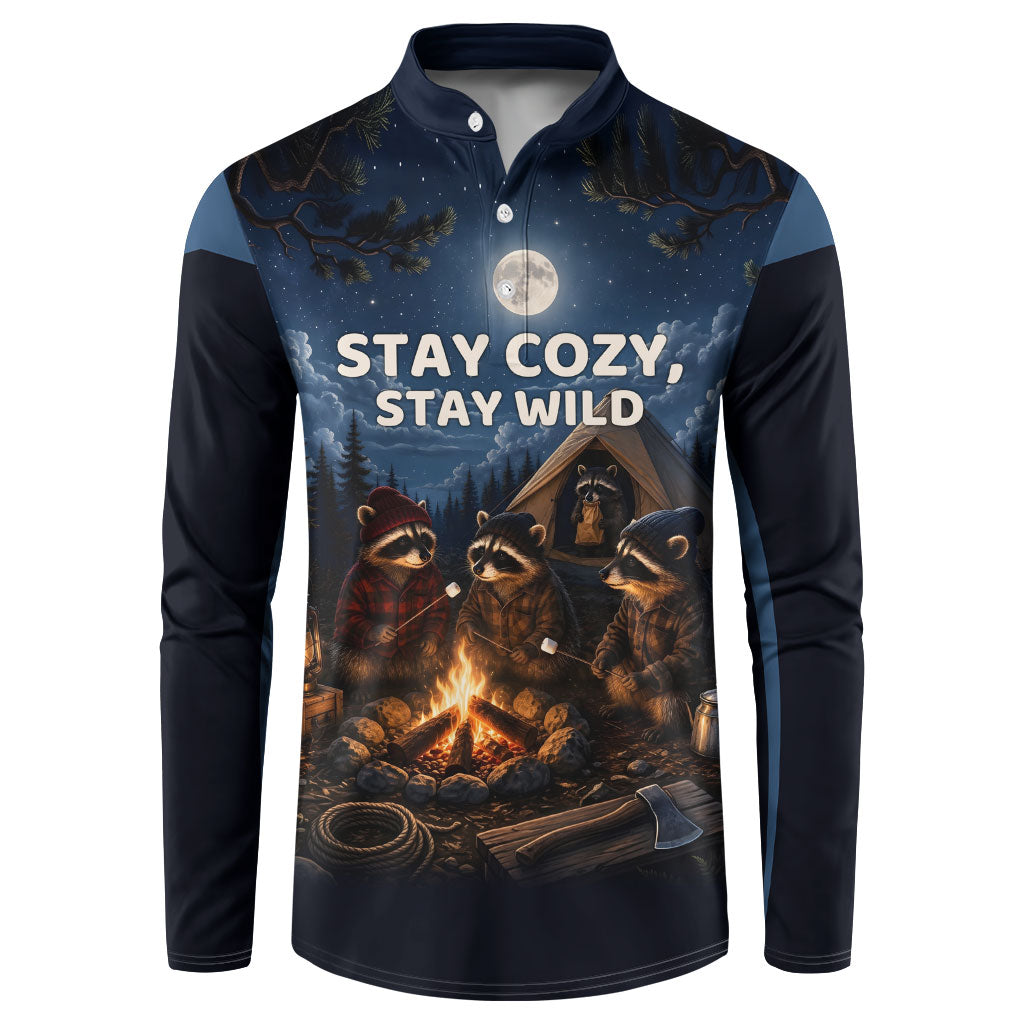 Raccoons Campfire Stay Cozy Stay Wild Button Sweatshirt Starry Night Forest Wildlife