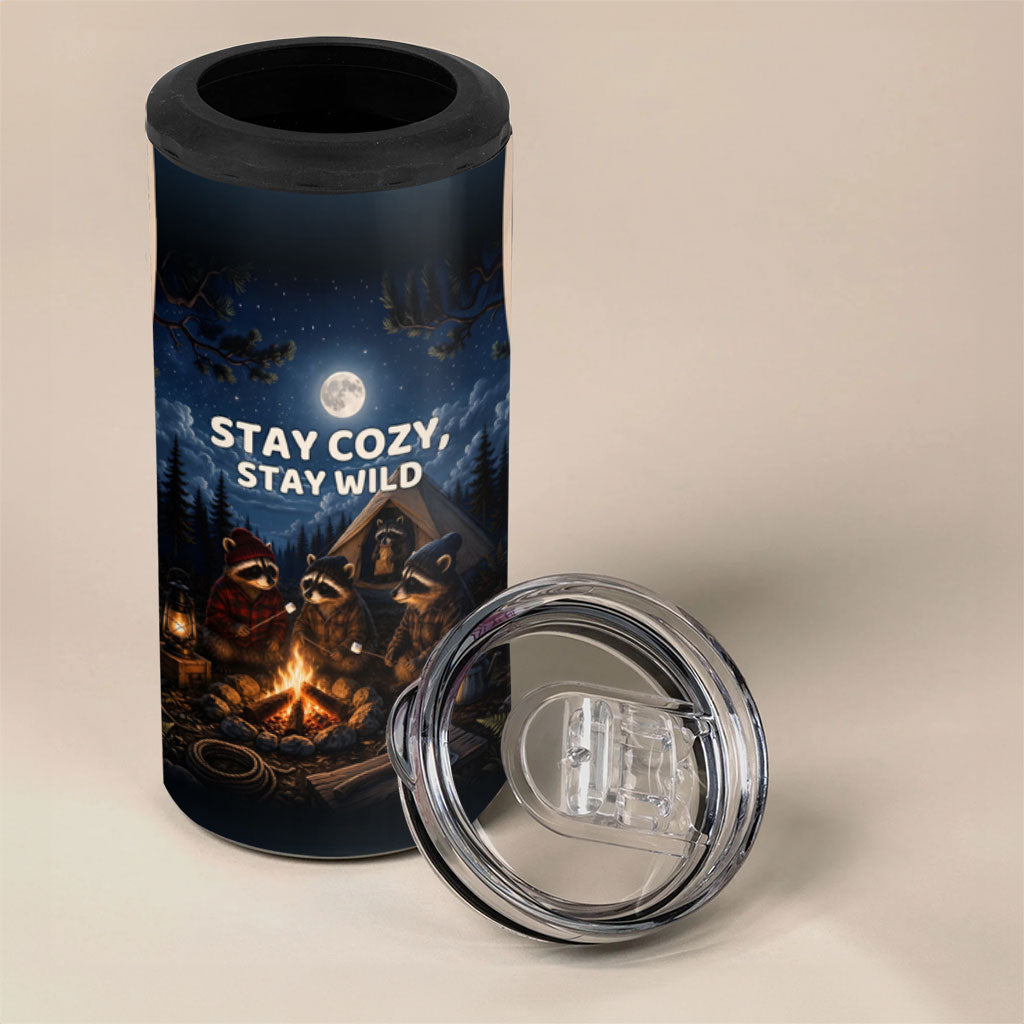 Raccoons Campfire Stay Cozy Stay Wild 4 in 1 Can Cooler Tumbler Starry Night Forest Wildlife
