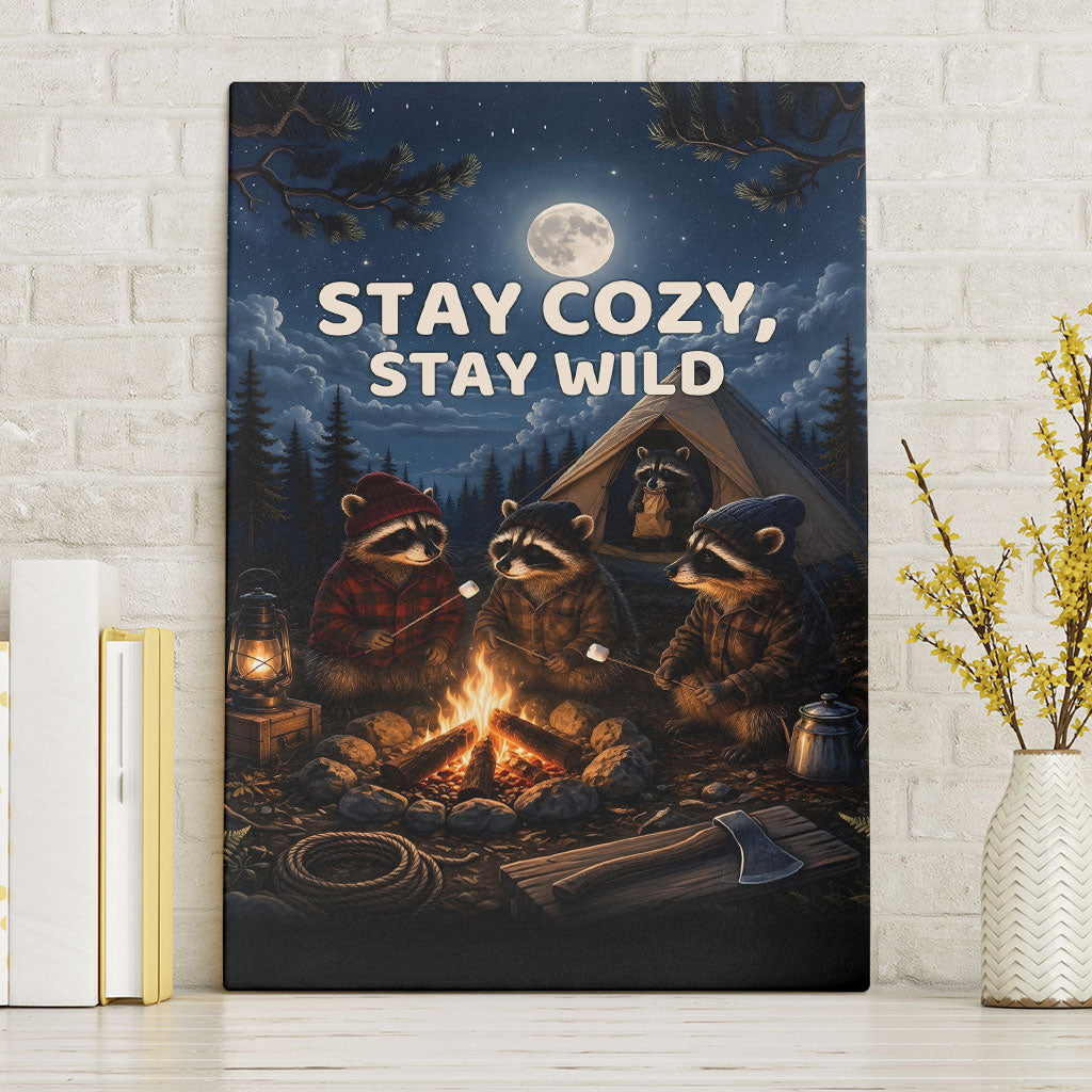 Raccoons Campfire Stay Cozy Stay Wild Canvas Wall Art Starry Night Forest Wildlife