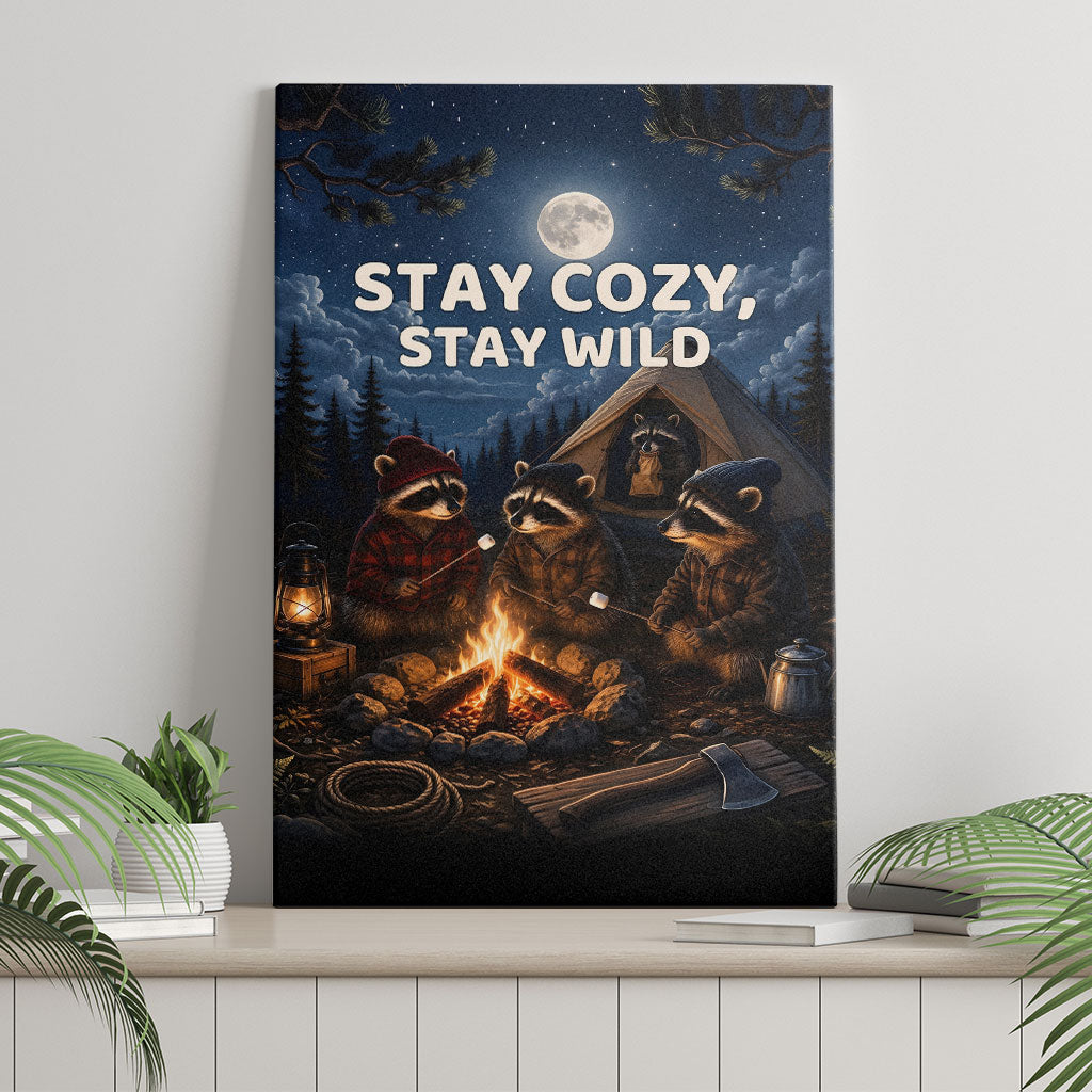 Raccoons Campfire Stay Cozy Stay Wild Canvas Wall Art Starry Night Forest Wildlife
