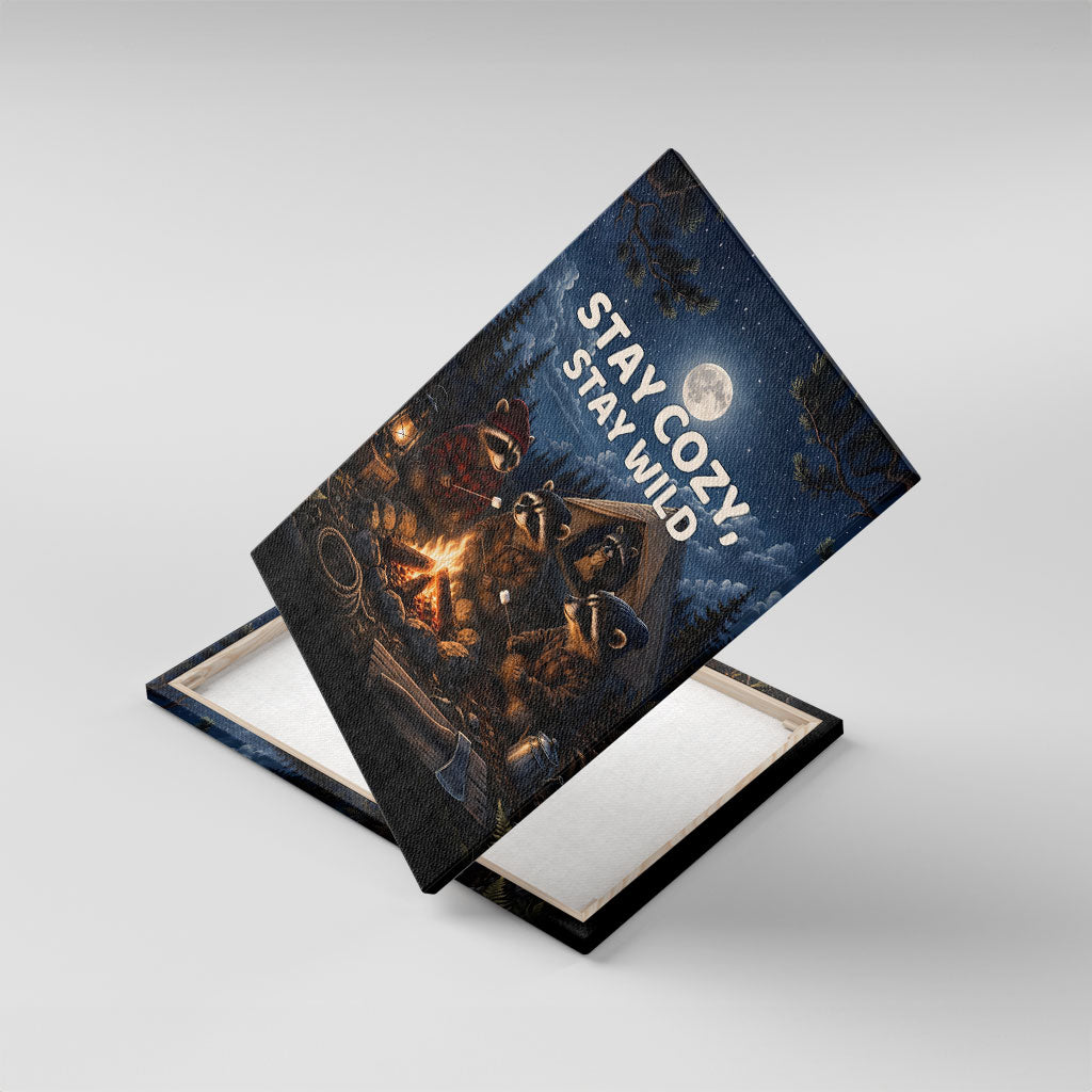 Raccoons Campfire Stay Cozy Stay Wild Canvas Wall Art Starry Night Forest Wildlife