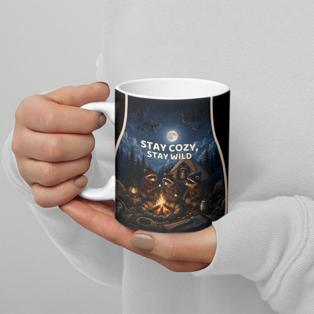 Raccoons Campfire Stay Cozy Stay Wild Ceramic Mug Starry Night Forest Wildlife