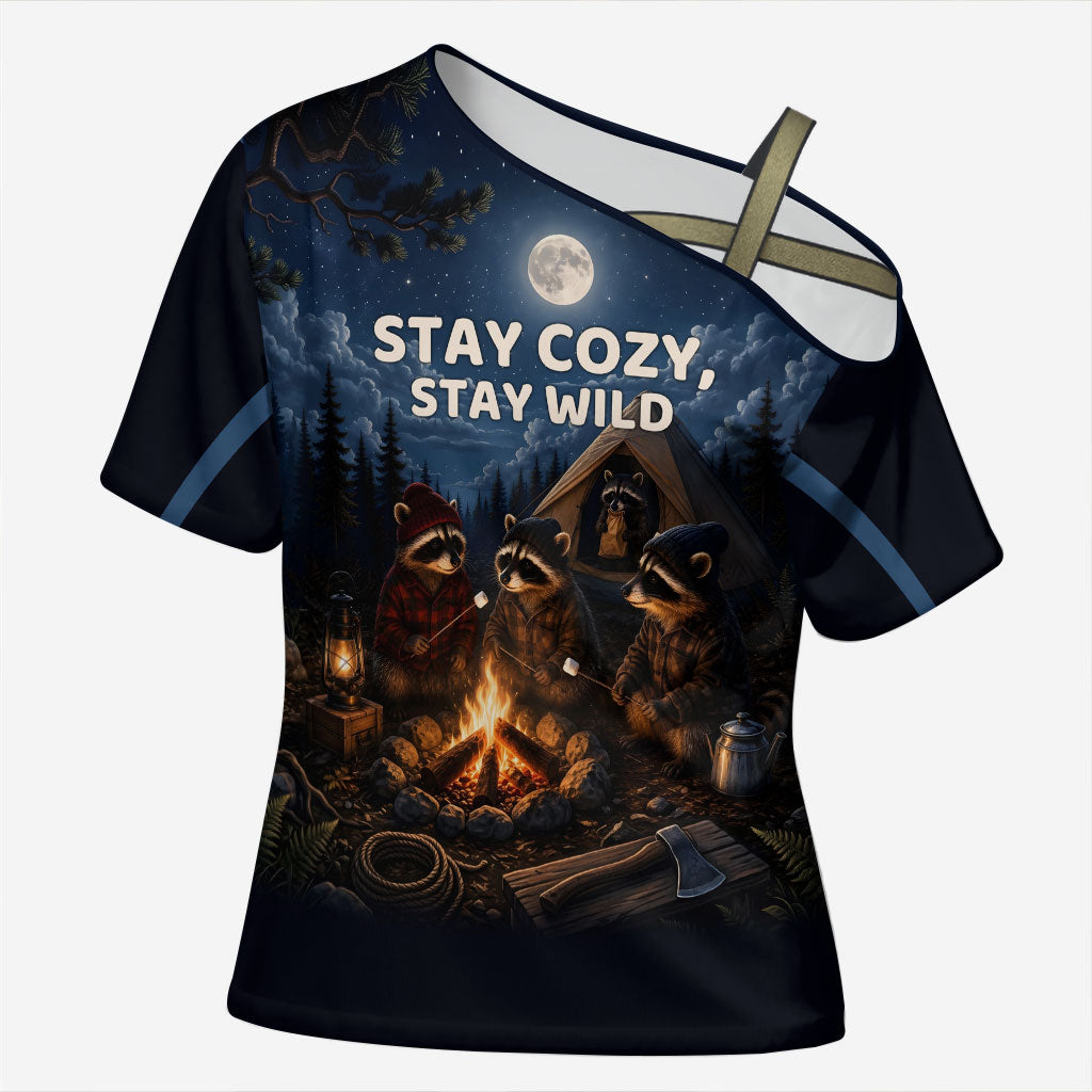 Raccoons Campfire Stay Cozy Stay Wild Cross Shoulder Shirt Starry Night Forest Wildlife