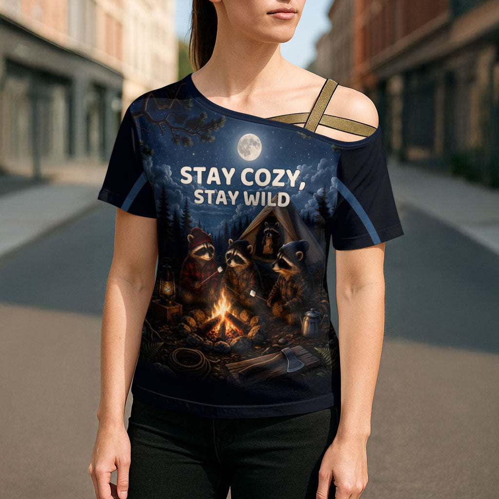 Raccoons Campfire Stay Cozy Stay Wild Cross Shoulder Shirt Starry Night Forest Wildlife
