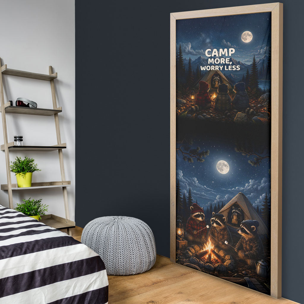 Raccoons Campfire Stay Cozy Stay Wild Door Cover Starry Night Forest Wildlife