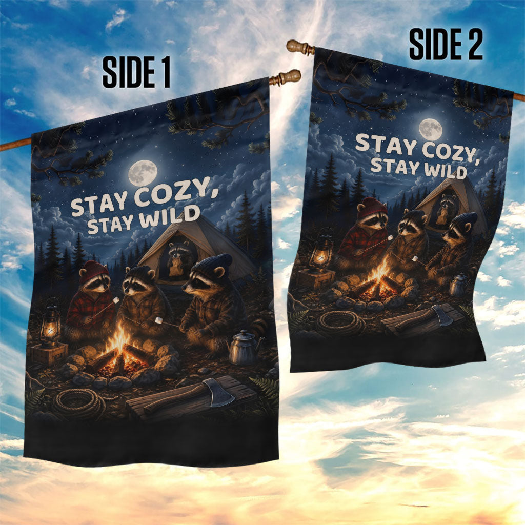 Raccoons Campfire Stay Cozy Stay Wild Garden Flag Starry Night Forest Wildlife