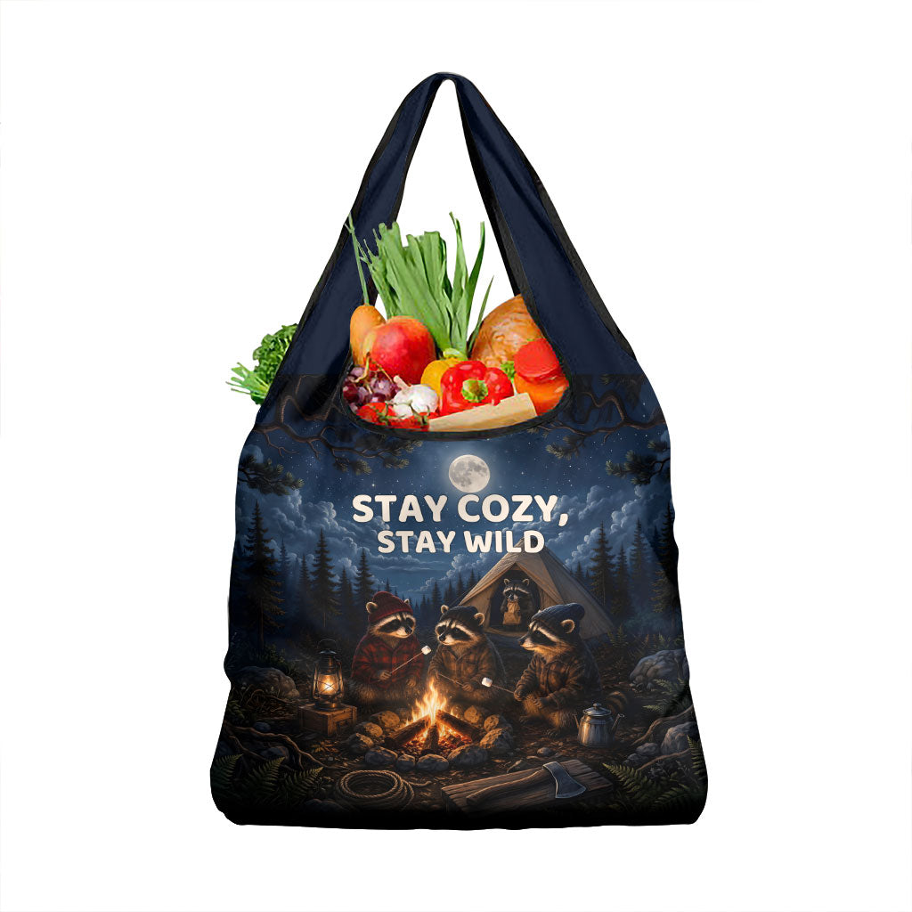 Raccoons Campfire Stay Cozy Stay Wild Grocery Bag Starry Night Forest Wildlife