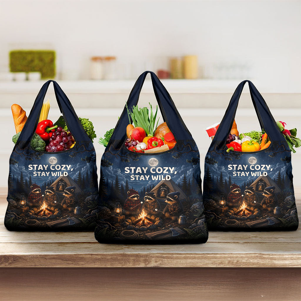 Raccoons Campfire Stay Cozy Stay Wild Grocery Bag Starry Night Forest Wildlife