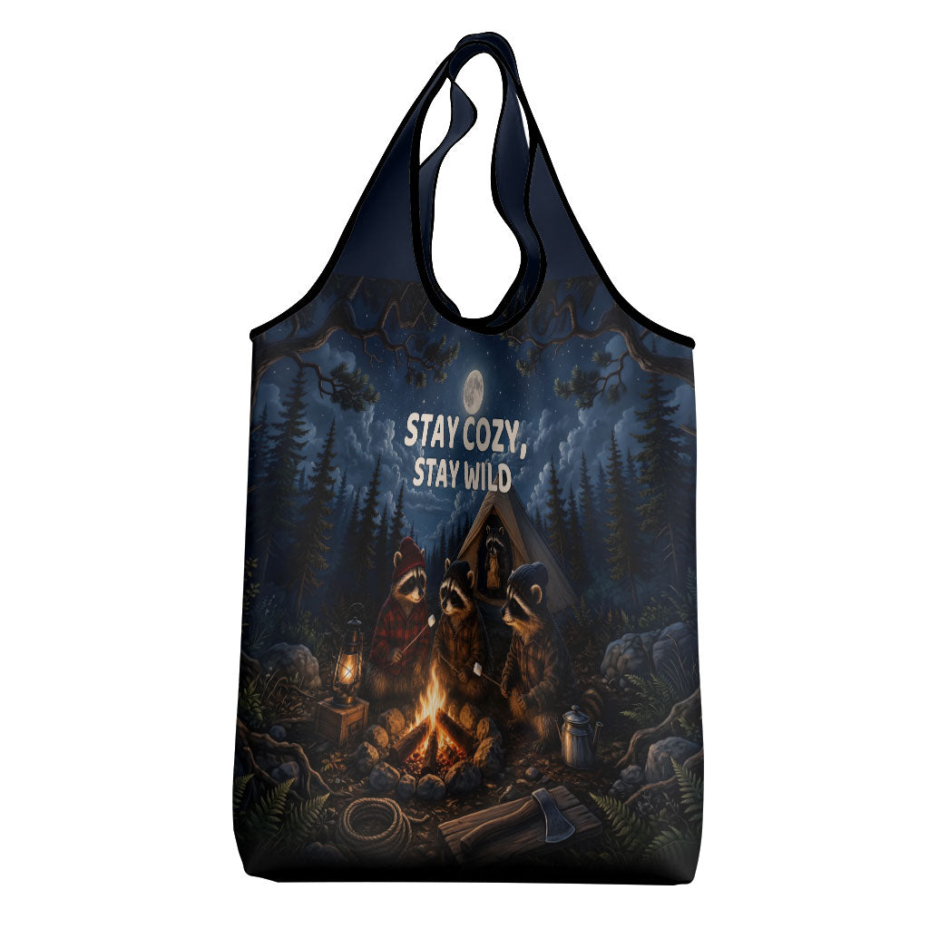 Raccoons Campfire Stay Cozy Stay Wild Grocery Bag Starry Night Forest Wildlife