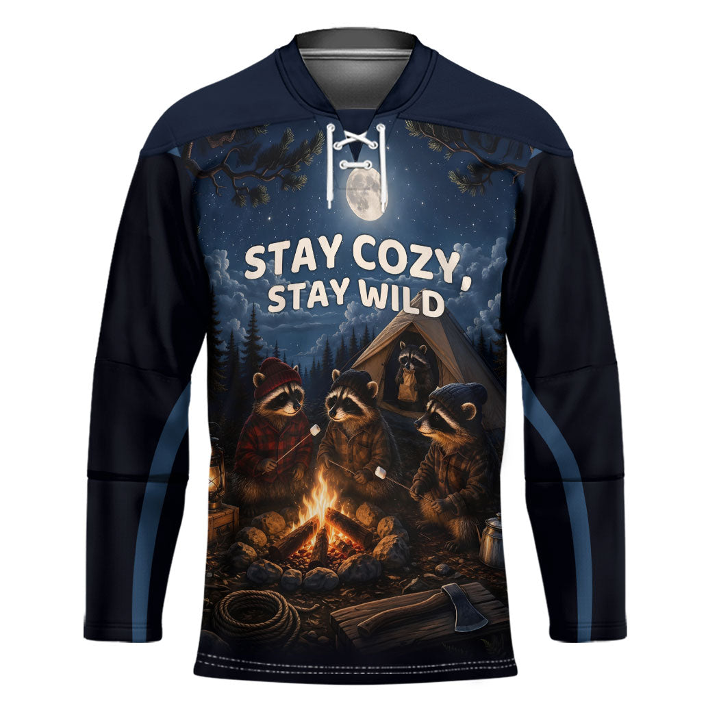 Raccoons Campfire Stay Cozy Stay Wild Hockey Jersey Starry Night Forest Wildlife