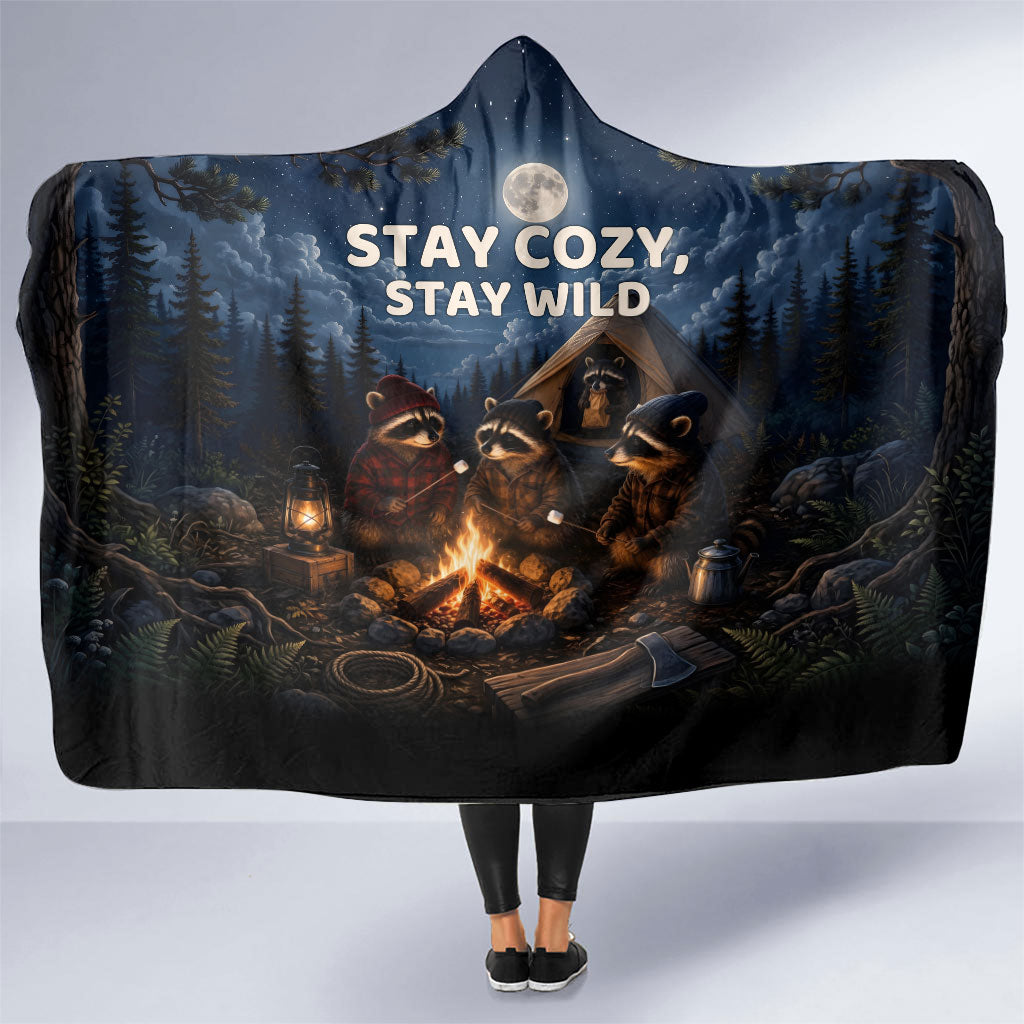 Raccoons Campfire Stay Cozy Stay Wild Hooded Blanket Starry Night Forest Wildlife