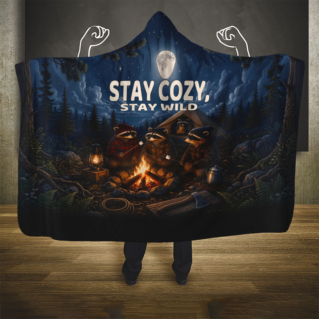 Raccoons Campfire Stay Cozy Stay Wild Hooded Blanket Starry Night Forest Wildlife