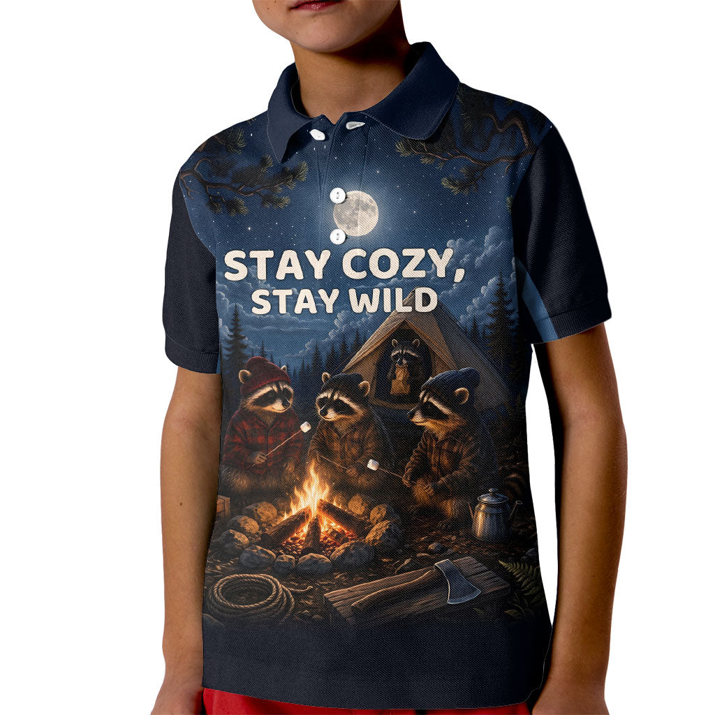 Raccoons Campfire Stay Cozy Stay Wild Kid Polo Shirt Starry Night Forest Wildlife
