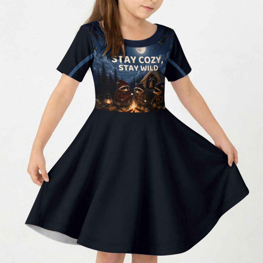 Raccoons Campfire Stay Cozy Stay Wild Kid Short Sleeve Dress Starry Night Forest Wildlife