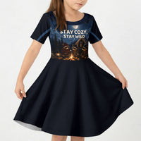 Raccoons Campfire Stay Cozy Stay Wild Kid Short Sleeve Dress Starry Night Forest Wildlife