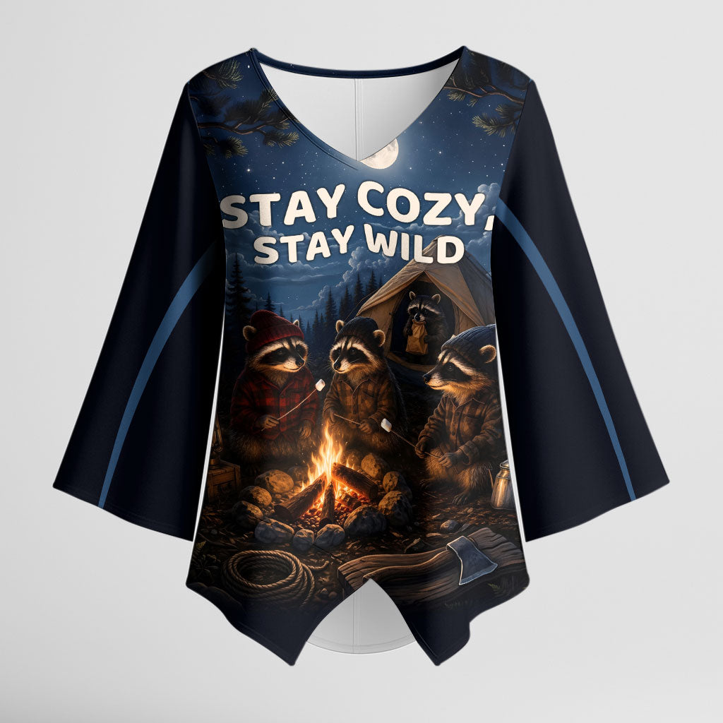 Raccoons Campfire Stay Cozy Stay Wild Kimono Sleeve Blouse Starry Night Forest Wildlife
