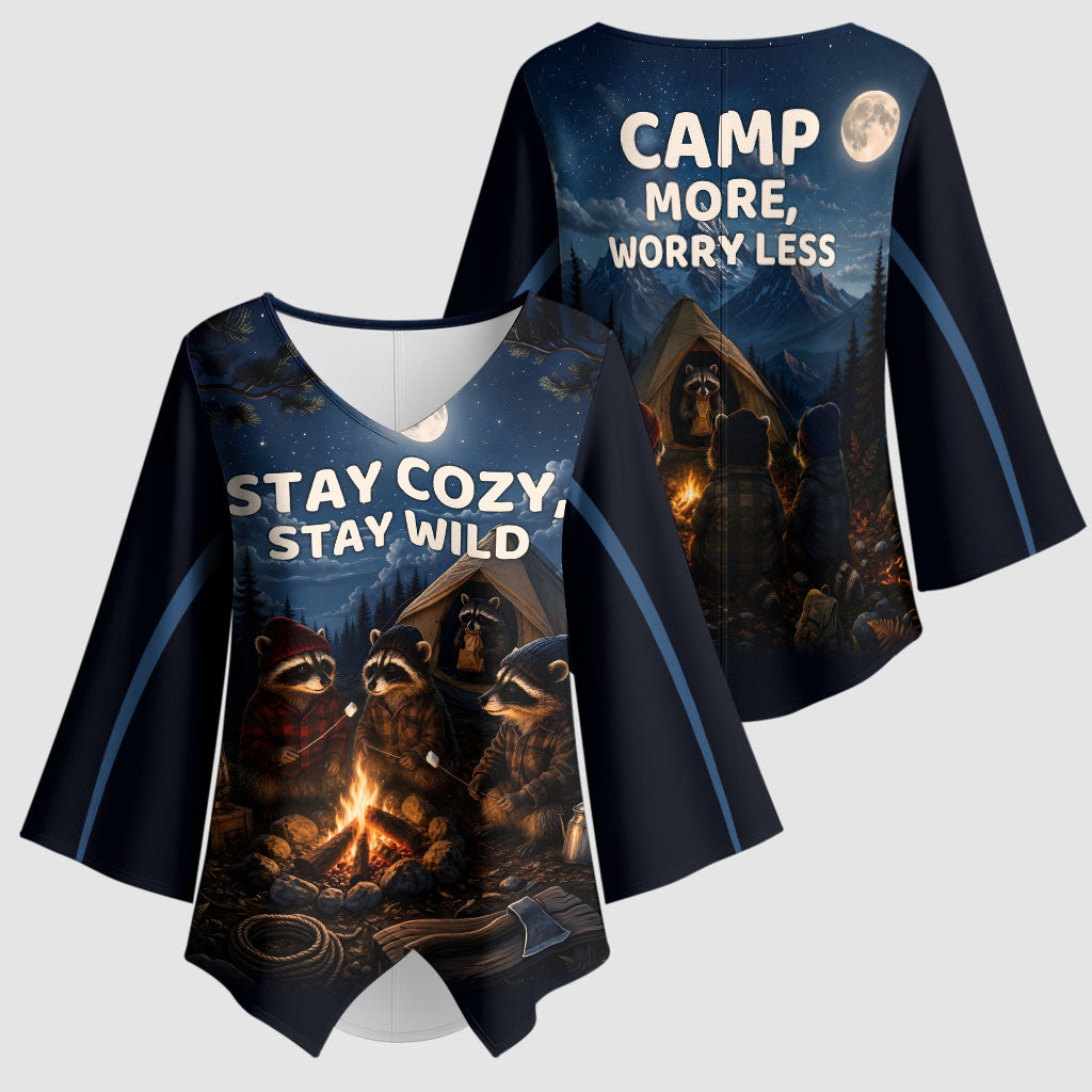 Raccoons Campfire Stay Cozy Stay Wild Kimono Sleeve Blouse Starry Night Forest Wildlife