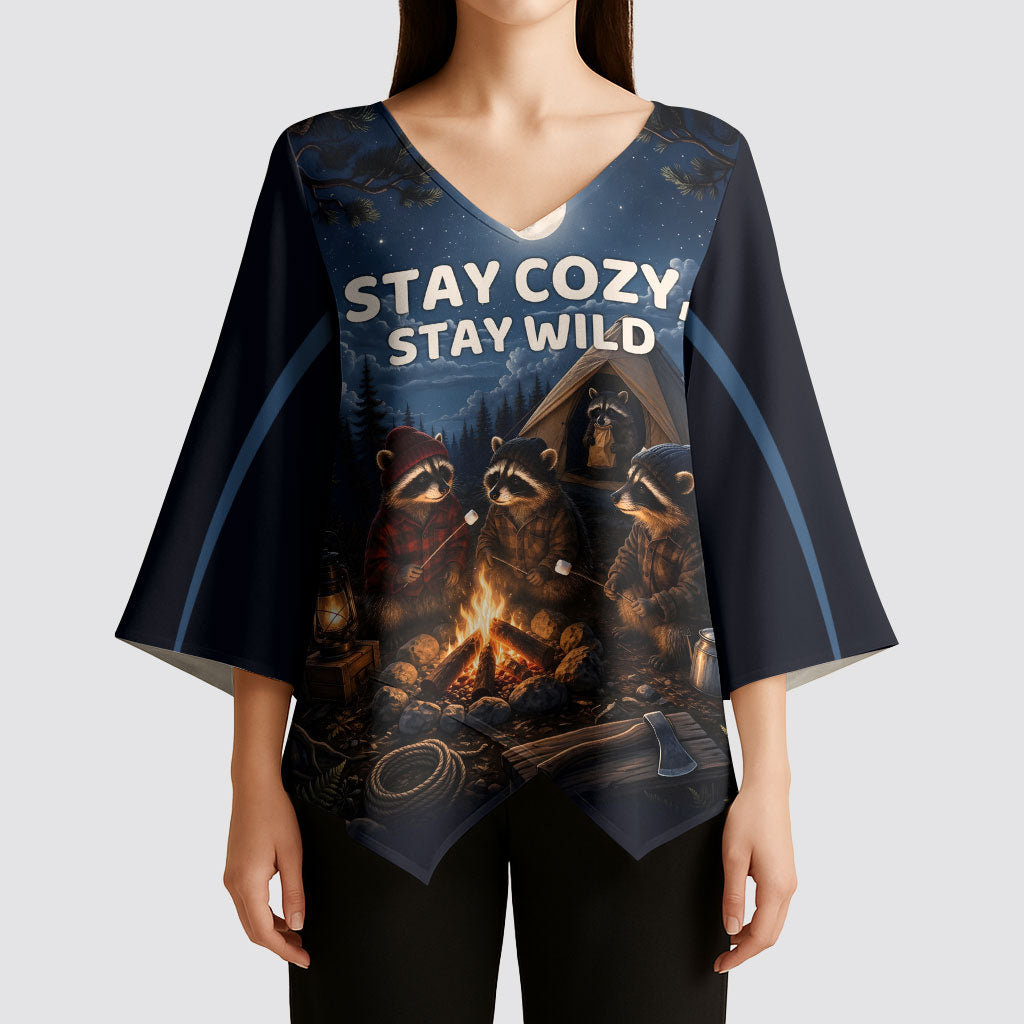 Raccoons Campfire Stay Cozy Stay Wild Kimono Sleeve Blouse Starry Night Forest Wildlife