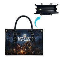 Raccoons Campfire Stay Cozy Stay Wild Leather Bag Starry Night Forest Wildlife