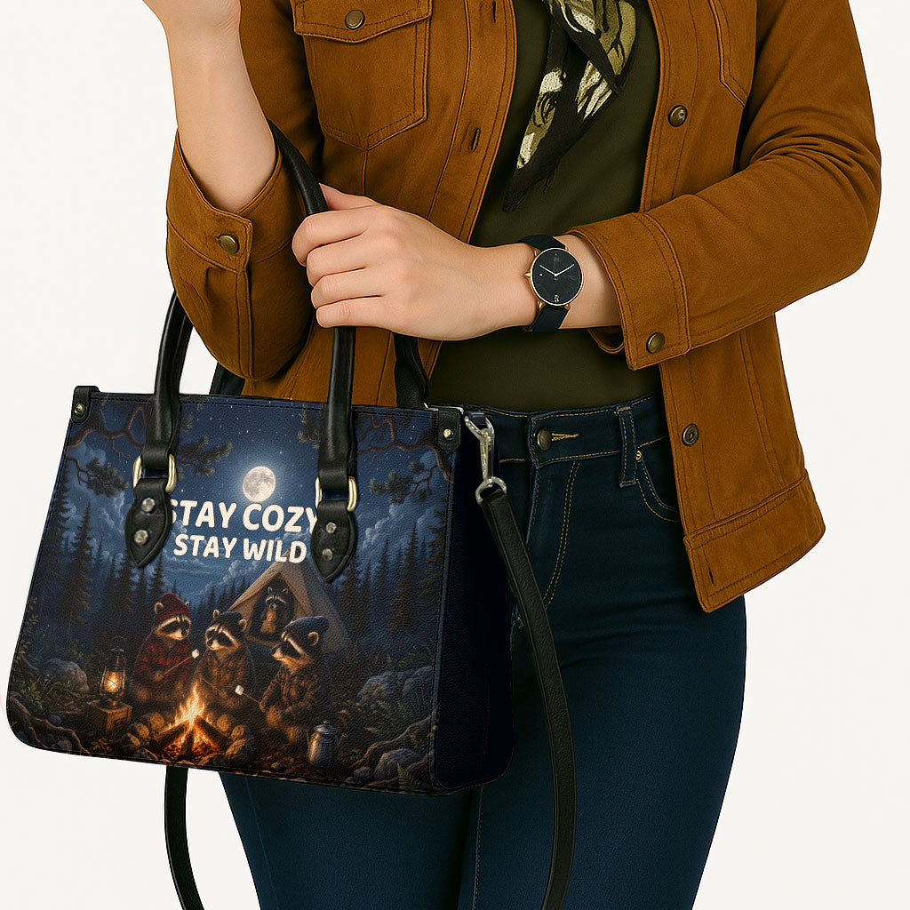 Raccoons Campfire Stay Cozy Stay Wild Leather Bag Starry Night Forest Wildlife