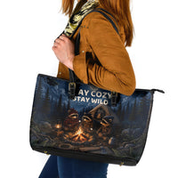 Raccoons Campfire Stay Cozy Stay Wild Leather Tote Bag Starry Night Forest Wildlife
