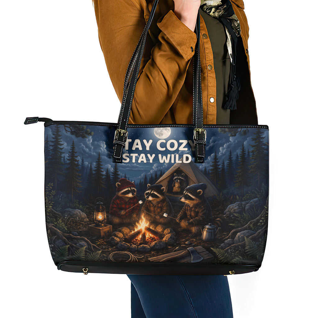 Raccoons Campfire Stay Cozy Stay Wild Leather Tote Bag Starry Night Forest Wildlife