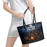 Raccoons Campfire Stay Cozy Stay Wild Leather Tote Bag Starry Night Forest Wildlife