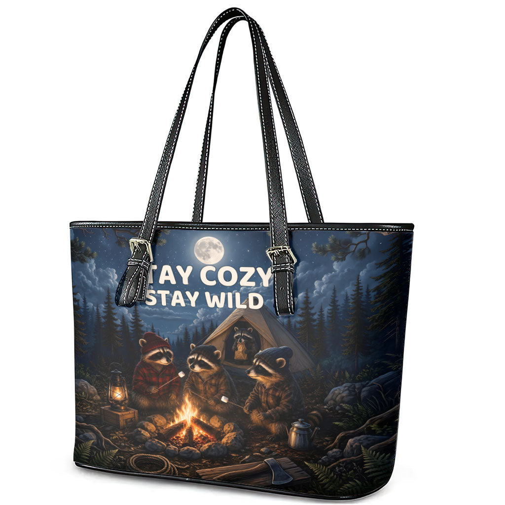 Raccoons Campfire Stay Cozy Stay Wild Leather Tote Bag Starry Night Forest Wildlife