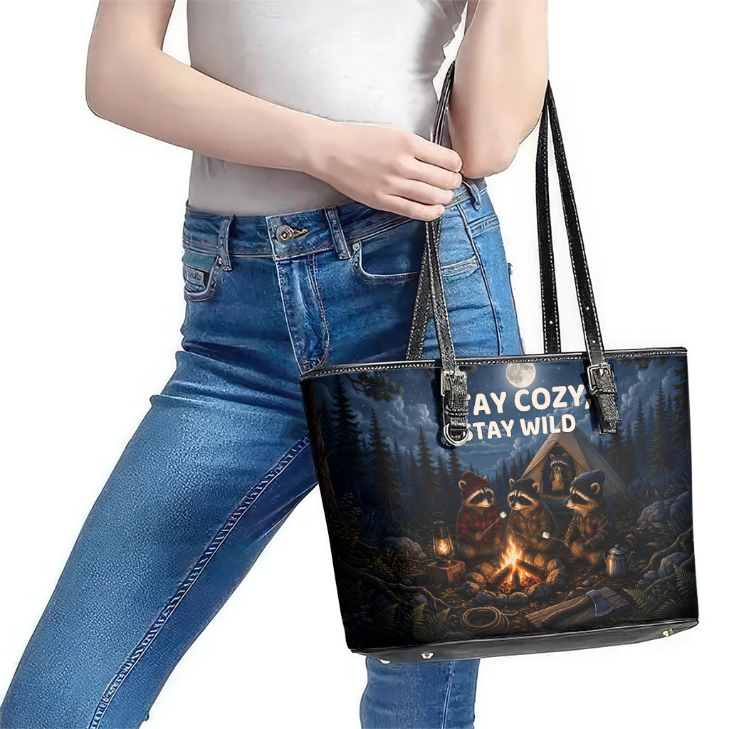 Raccoons Campfire Stay Cozy Stay Wild Leather Tote Bag Starry Night Forest Wildlife