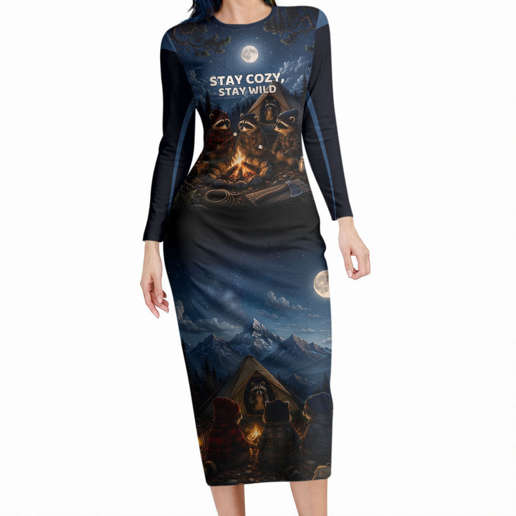 Raccoons Campfire Stay Cozy Stay Wild Long Sleeve Bodycon Dress Starry Night Forest Wildlife